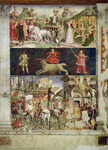 Alegoria de março: o triunfo de Minerva, o símbolo astrológico de Áries e Borso d&39;Este fazendo justiça e partindo para a caça, 1469-70,